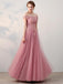 Off Shoulder Pink Tulle A-line Long Evening Prom Dresses, 17681