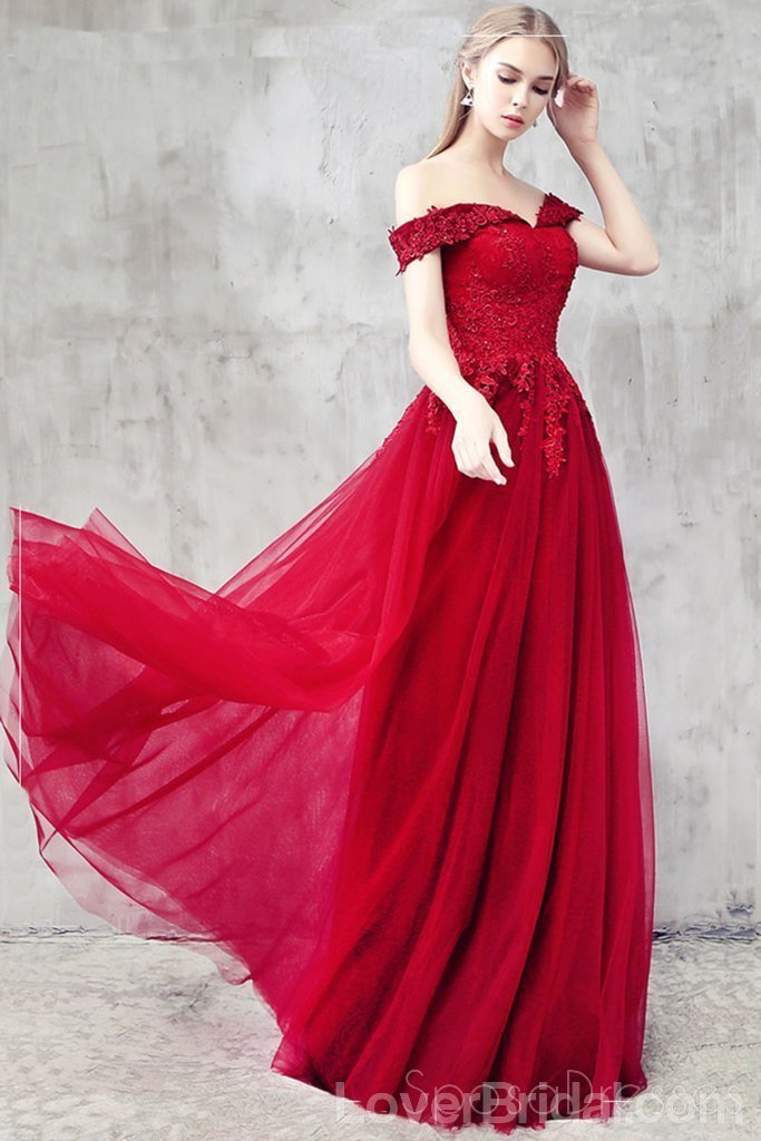 Off Shoulder Red Cheap Long Evening Prom Dresses, Cheap Custom Party Prom Dresses, 18583