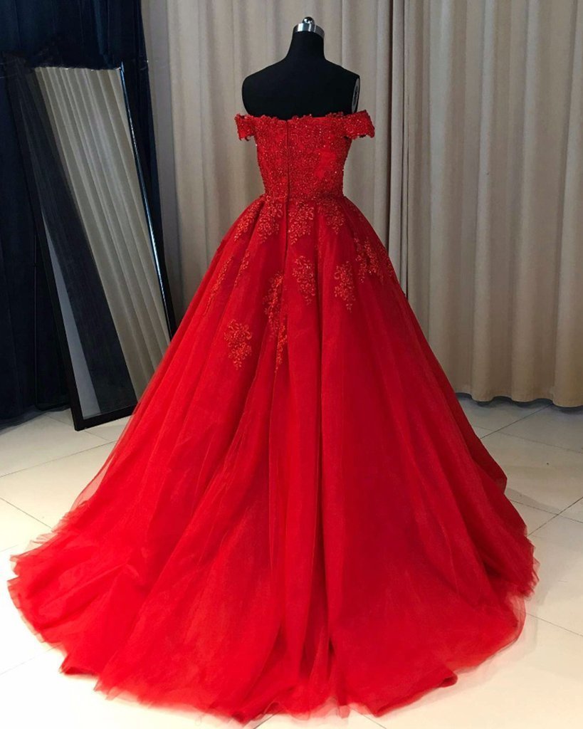 Off Shoulder Red Lace A-line Cheap Evening Prom Dresses, Sweet 16 Dresses, 17501