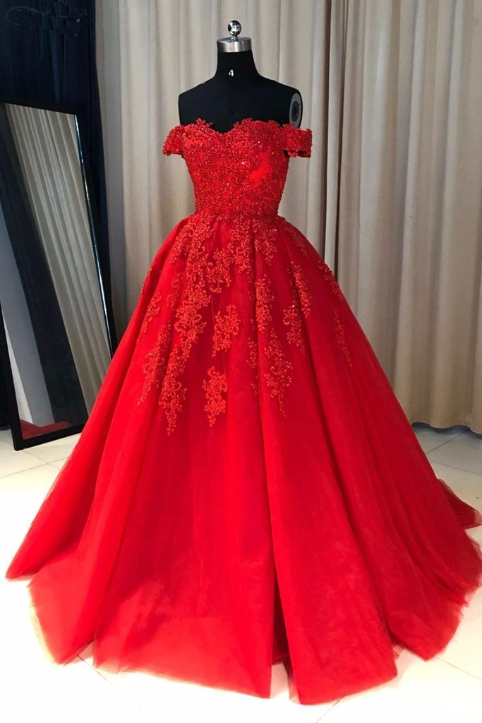 Off Shoulder Red Lace A-line Cheap Evening Prom Dresses, Sweet 16 Dresses, 17501