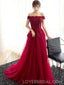 Off Shoulder Red Lace Beaded A-line Long Evening Prom Dresses, Cheap Sweet 16 Dresses, 18409