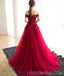 Off Shoulder Red Lace Beaded A-line Long Evening Prom Dresses, Cheap Sweet 16 Dresses, 18409