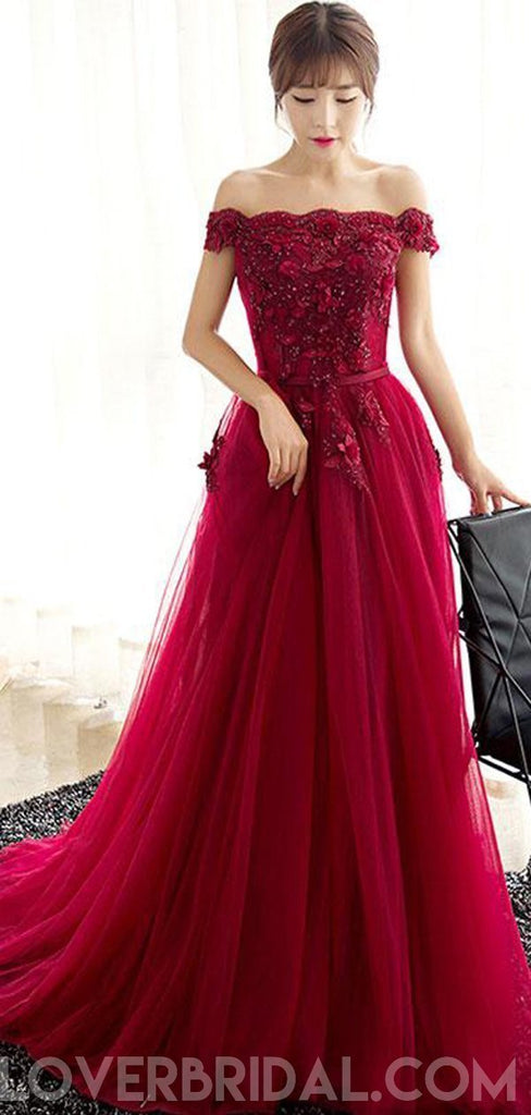 Off Shoulder Red Lace Beaded A-line Long Evening Prom Dresses, Cheap Sweet 16 Dresses, 18409