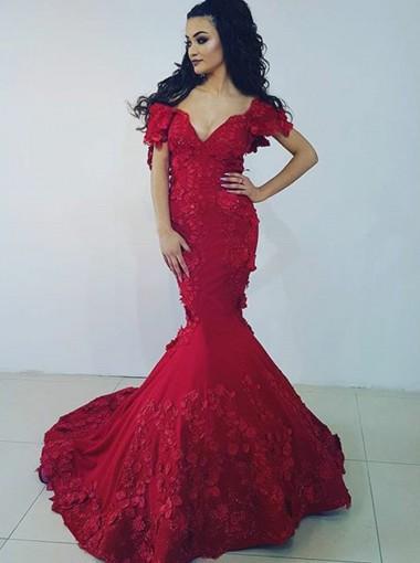 Off Shoulder Red Lace Mermaid Short Sleeve Long Evening Prom Dresses, 17635