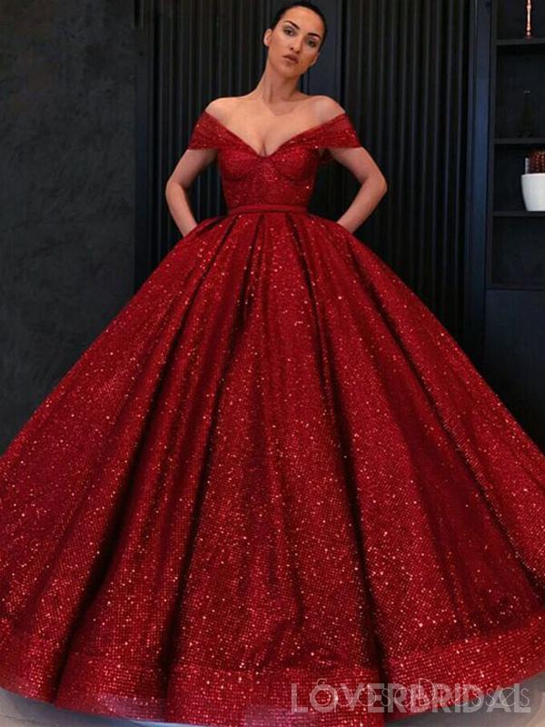 Off Shoulder Red Sparkly Ball Gown Cheap Long Evening Prom Dresses, Cheap Custom Sweet 16 Dresses, 18530