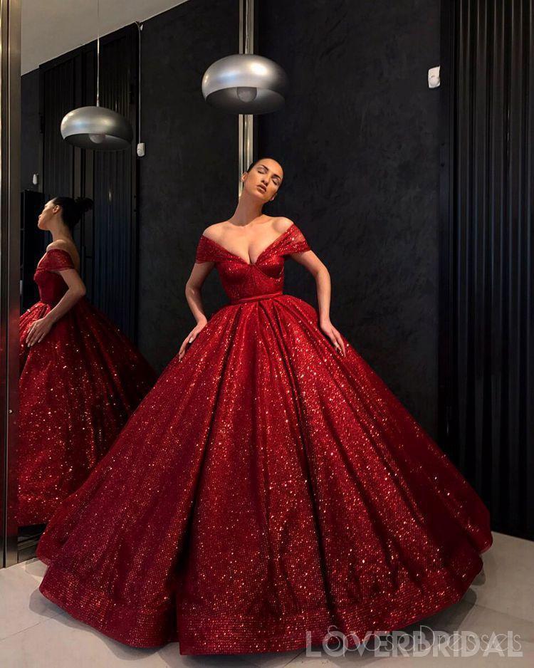 Off Shoulder Red Sparkly Ball Gown Cheap Long Evening Prom Dresses, Cheap Custom Sweet 16 Dresses, 18530