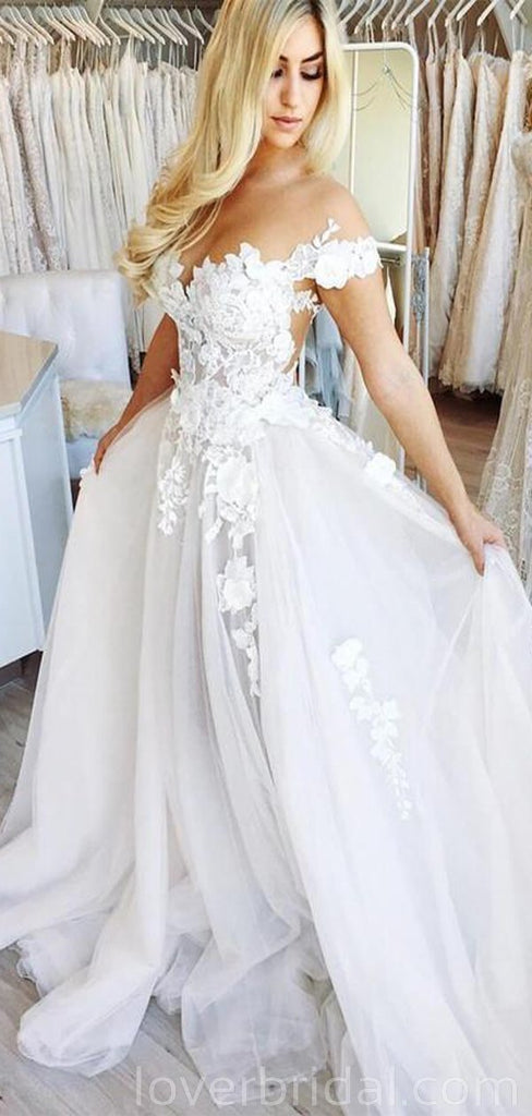 Off Shoulder See Through Lace A-line Cheap Wedding Dresses Online, Cheap Bridal Dresses, WD535