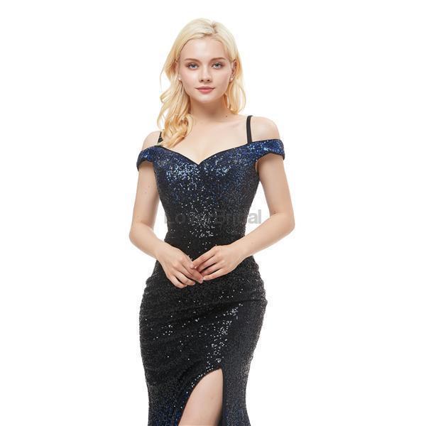 Off Shoulder Sequin Mermaid Side Slit Evening Prom Dresses, Evening Party Prom Dresses, 12054