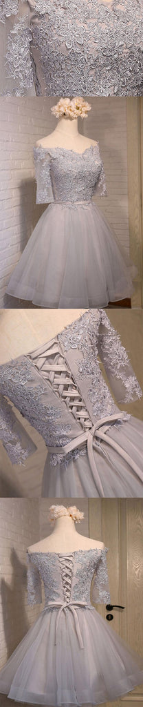 Off Shoulder Short Sleeve Gary Lace Homecoming Prom Dresses, Affordable Short Party Prom Dresses, Perfect Homecoming Dresses, CM269
