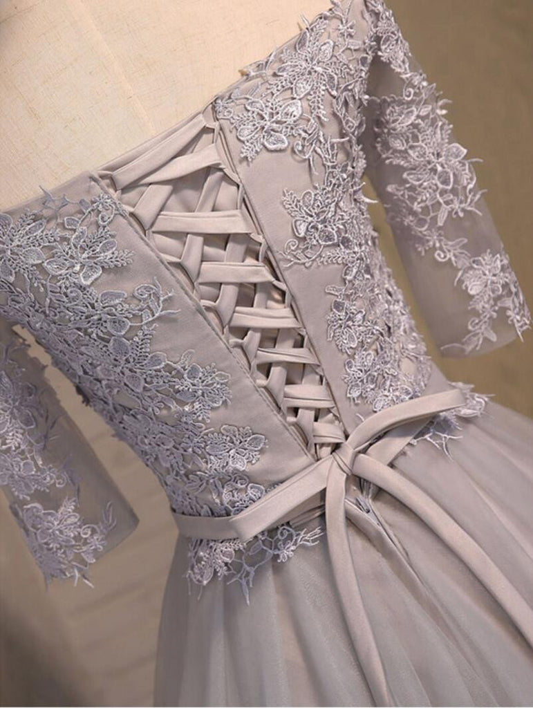 Off Shoulder Short Sleeve Gary Lace Homecoming Prom Dresses, Affordable Short Party Prom Dresses, Perfect Homecoming Dresses, CM269