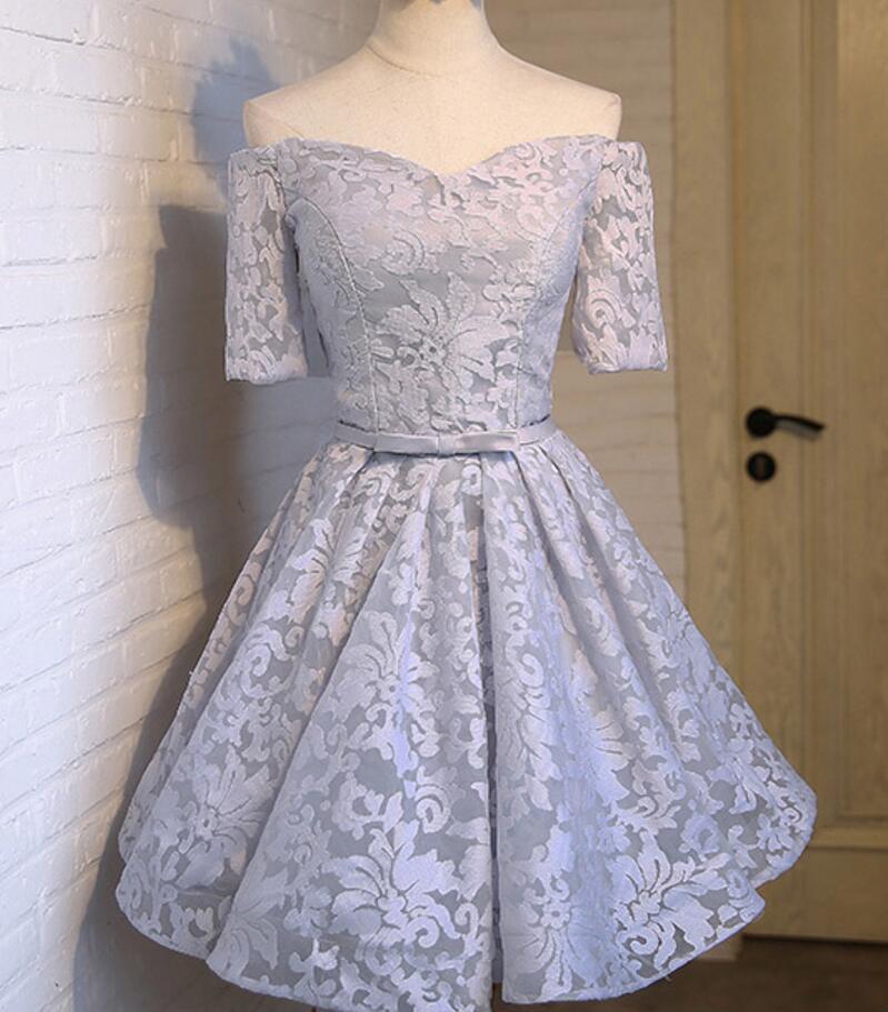 Off Shoulder Short Sleeve Gray Lace Cute Homecoming Prom Dresses, Affordable Short Party Prom Dresses, Perfect Homecoming Dresses, CM304