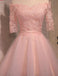 Off Shoulder Short Sleeve Pink Lace Cute Homecoming Prom Dresses, Affordable Short Party Prom Dresses, Perfect Homecoming Dresses, CM306