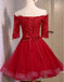 Off Shoulder Short Sleeve Red Lace Cute Homecoming Prom Dresses, Affordable Short Party Prom Dresses, Perfect Homecoming Dresses, CM307