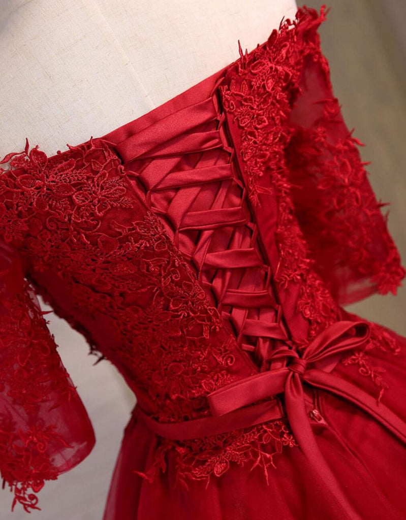 Off Shoulder Short Sleeve Red Lace Cute Homecoming Prom Dresses, Affordable Short Party Prom Dresses, Perfect Homecoming Dresses, CM307