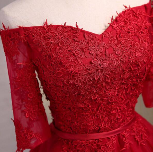 Off Shoulder Short Sleeve Red Lace Cute Homecoming Prom Dresses, Affordable Short Party Prom Dresses, Perfect Homecoming Dresses, CM307