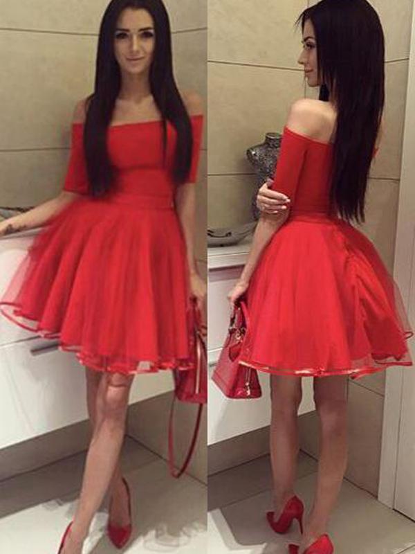 Off Shoulder Short Sleeves Red Short Cheap Homecoming Dresses Online, CM567