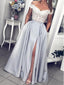 Off Shoulder Silver Grey Side Slit Evening Prom Dresses, Evening Party Prom Dresses, 12144