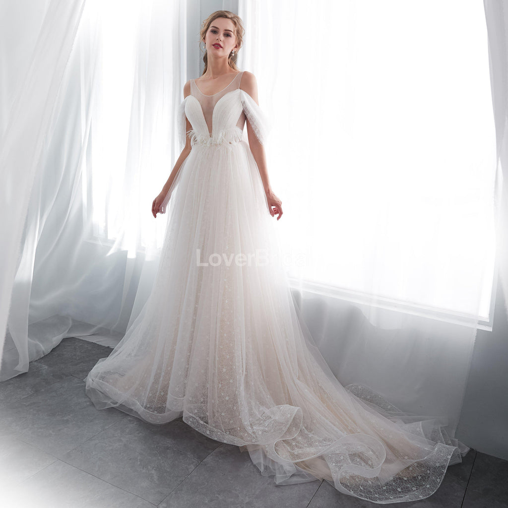 Off Shoulder Simple A-line Scoop Cheap Wedding Dresses Online, Cheap Bridal Dresses, WD573