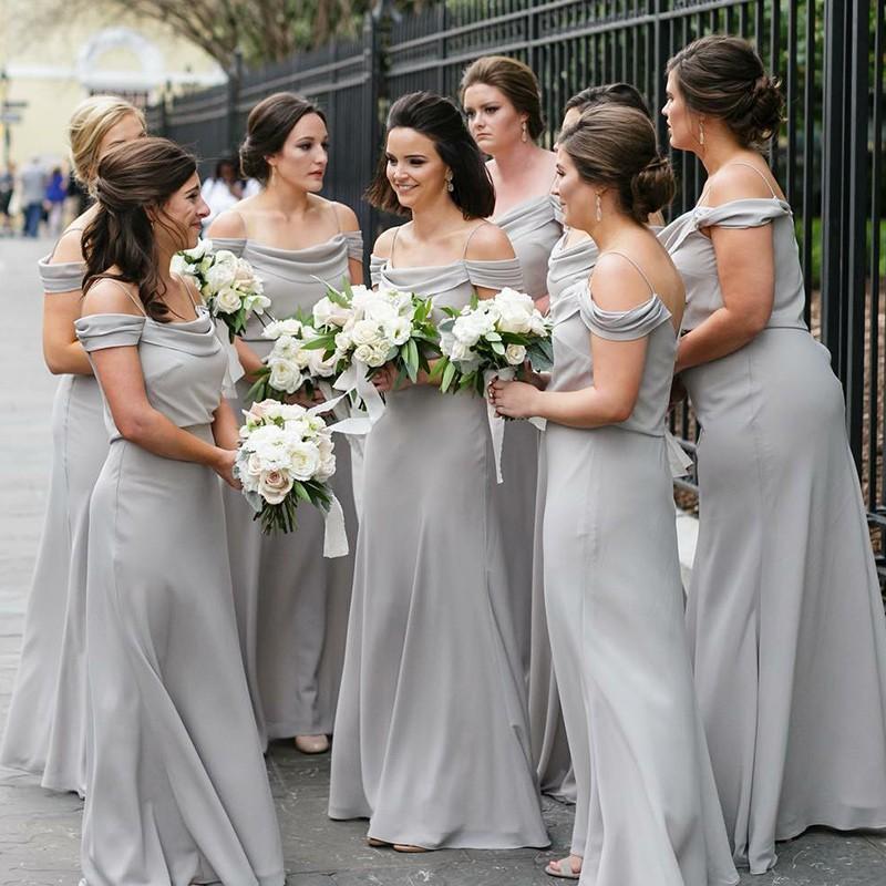 Off Shoulder Spahgetti Straps Grey Chiffon Long Bridesmaid Dresses Online, WG210