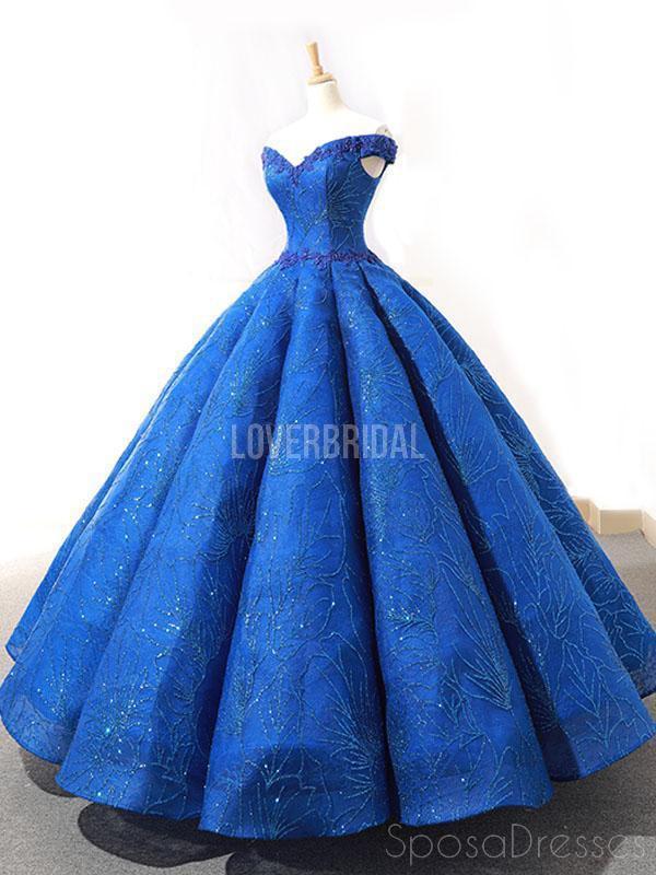 Off Shoulder Sparkly Blue Ball Gown Evening Prom Dresses, Evening Party Prom Dresses, 12262