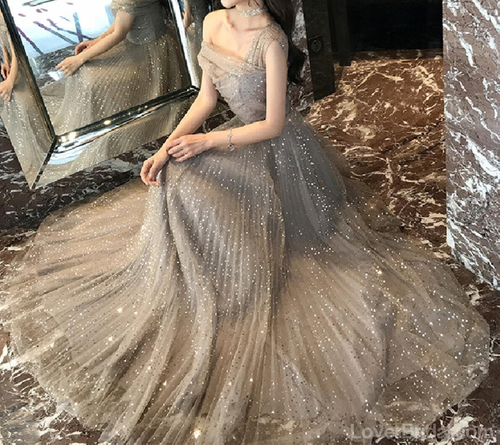 Off Shoulder Sparkly Gold A-line Long Evening Prom Dresses, Cheap Custom Sweet 16 Dresses, 18567
