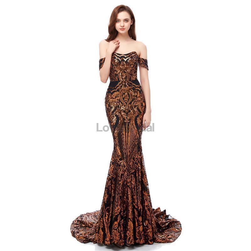 Off Shoulder Sparkly Gold Sequin Mermaid Evening Prom Dresses, Evening Party Prom Dresses, 12105