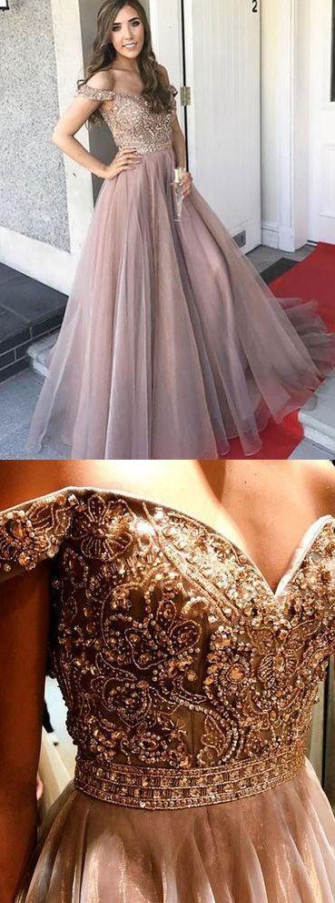 Off Shoulder Sweetheart Neck A line Beaded Long Custom Evening Prom Dresses, 17406