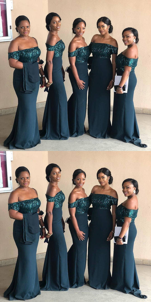 Off Shoulder Teal Mermaid Sequin Bodice Cheap Long Cheap Bridesmaid Dresses Online, WG641
