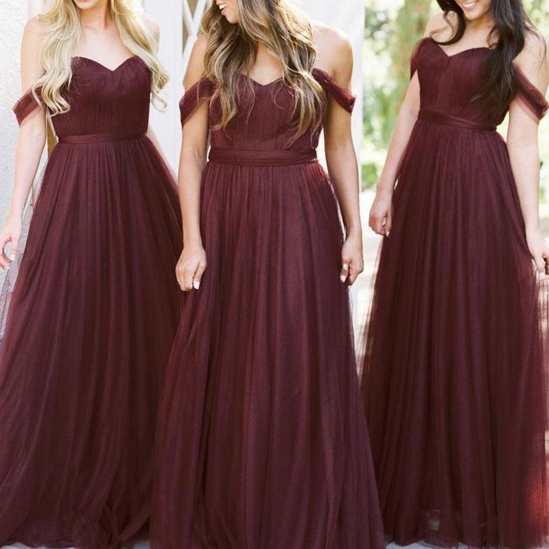 Off Shoulder Tulle A-line Custom Long Bridesmaid Dresses, WG234