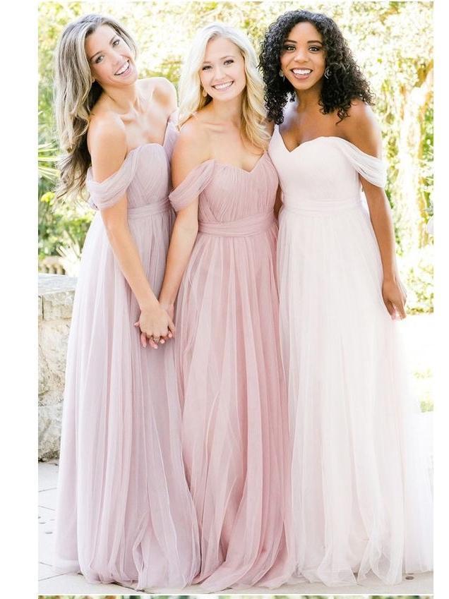 Off Shoulder Tulle A-line Custom Long Bridesmaid Dresses, WG234