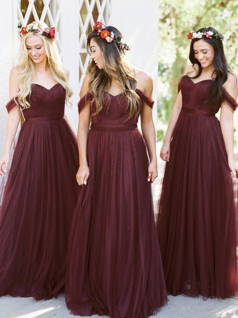 Off Shoulder Tulle A-line Custom Long Bridesmaid Dresses, WG234