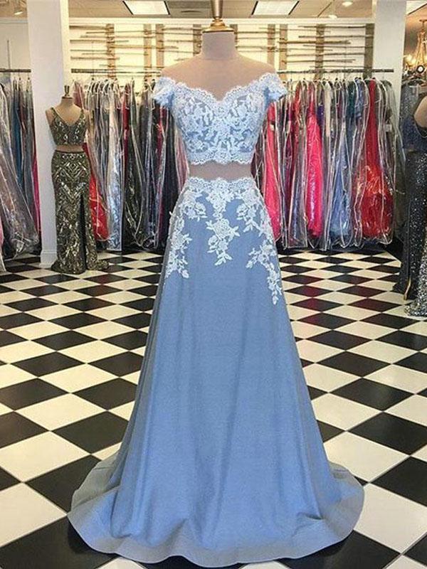 Off Shoulder Two Pieces Blue custom Long Evening Prom Dresses, 17626