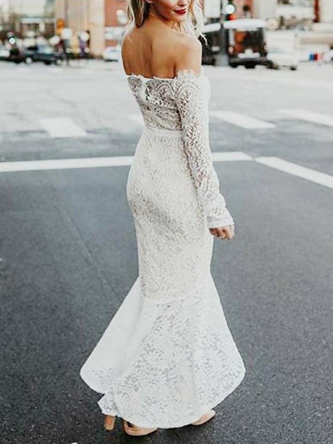 Off Shoulder Vintage Lace Mermaid Cheap Wedding Dresses Online, Long Sleeves Bridal Dresses, WD431