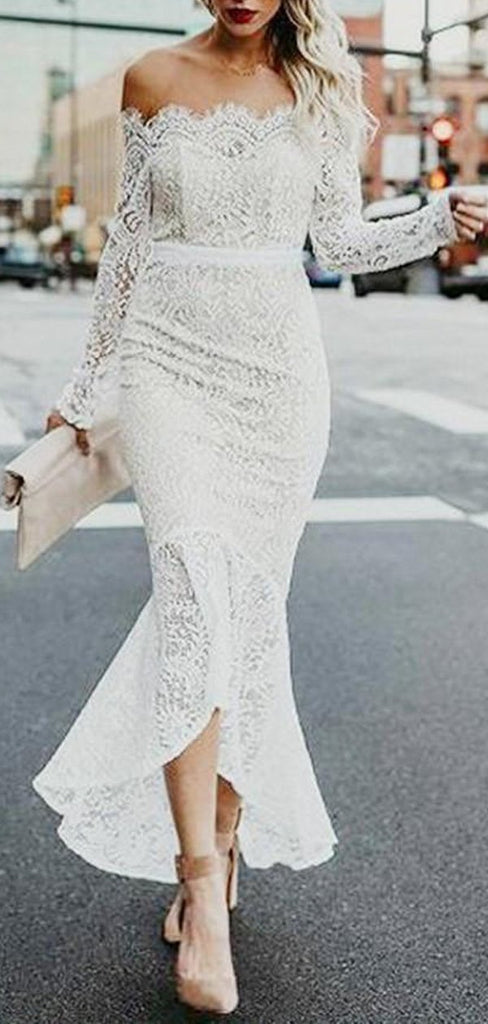 Off Shoulder Vintage Lace Mermaid Cheap Wedding Dresses Online, Long Sleeves Bridal Dresses, WD431