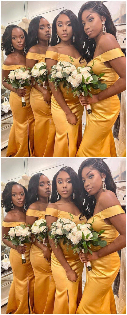 Off Shoulder Yellow Side Slit Mermaid Cheap Long Cheap Bridesmaid Dresses Online, WG667