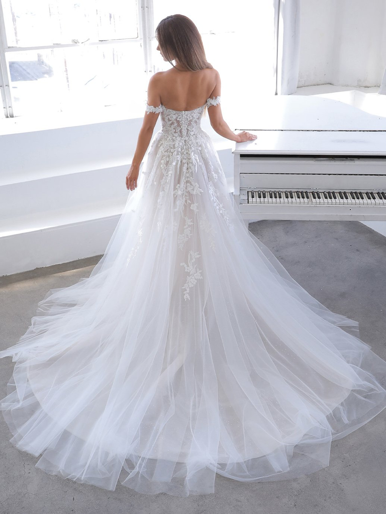 Off White A-line Off Shoulder V-neck Handmade Lace Wedding Dresses,WD781