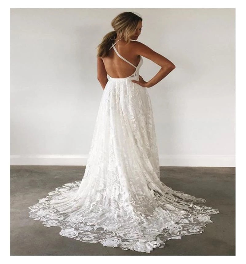 Off White A-line Spaghetti Straps Backless Handmade Lace Wedding Dresses,WD787