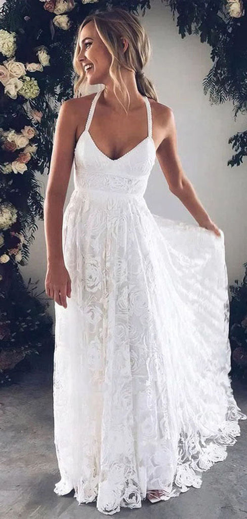 Off White A-line Spaghetti Straps Backless Handmade Lace Wedding Dresses,WD787