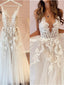 Off White A-line Spaghetti Straps V-neck Handmade Lace Wedding Dresses,WD786