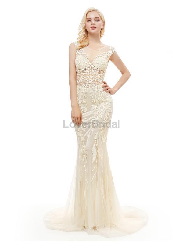 Off White Seen Through Scoop Lace Beaded Mermaid Evening Prom Dresses, Evening Party Prom Dresses, 12048