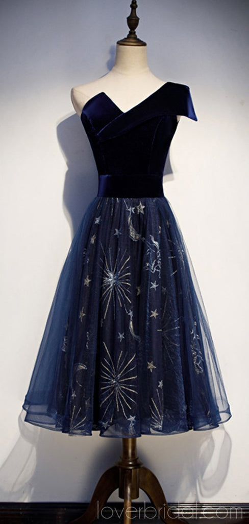 One Shoulder Black Sequin Unique Navy Blue Cheap Homecoming Dresses Online, Cheap Short Prom Dresses, CM767