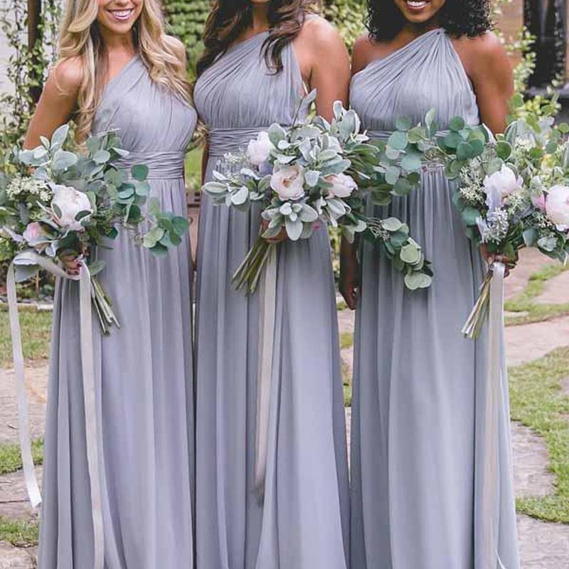 One Shoulder Dusty Blue Long Chiffon Cheap Bridesmaid Dresses Online, WG260