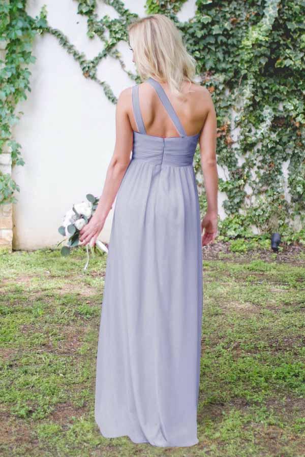 One Shoulder Dusty Blue Long Chiffon Cheap Bridesmaid Dresses Online, WG260