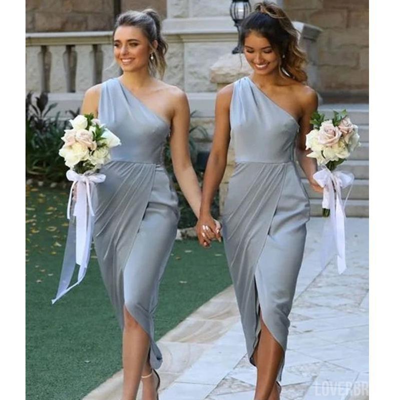 One Shoulder Grey Short Bridesmaid Dresses Online, Cheap Bridesmaids Dresses, WG739