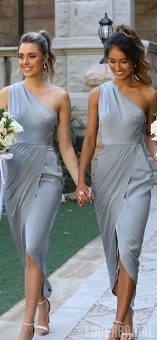 One Shoulder Grey Short Bridesmaid Dresses Online, Cheap Bridesmaids Dresses, WG739