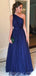 One Shoulder Navy Tulle Long Evening Prom Dresses, Cheap Custom Sweet 16 Dresses, 18456