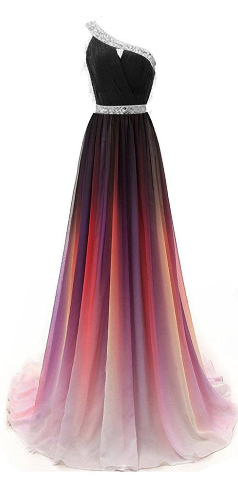 One Shoulder Ombre Beaded Long Evening Prom Dresses, Cheap Sweet 16 Dresses, 18355