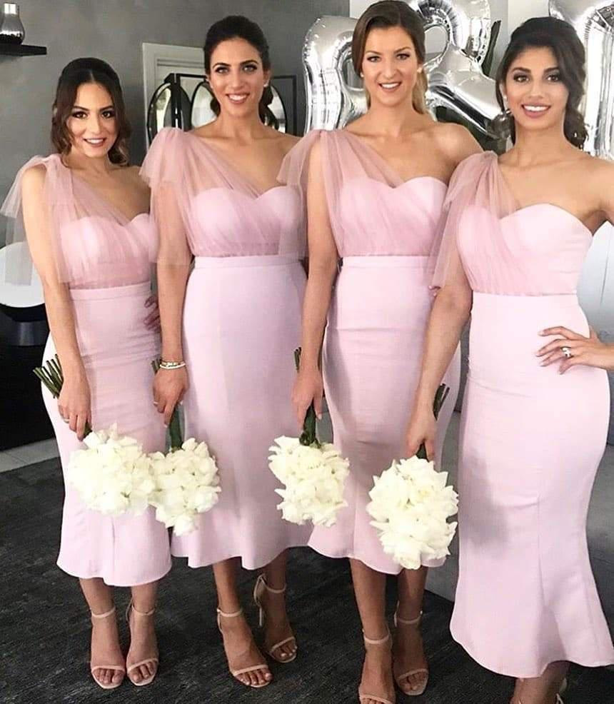 One Shoulder Pink Mermaid Short Cheap Bridesmaid Dresses Online, WG654