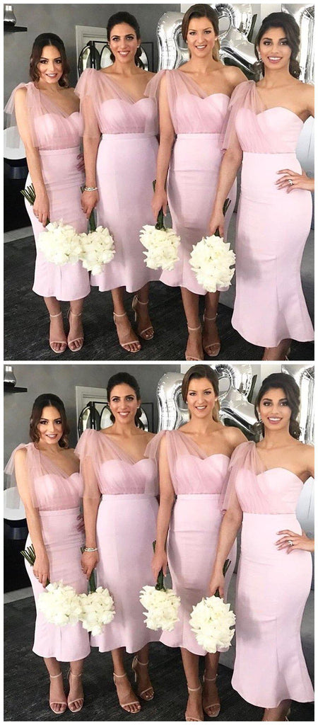 One Shoulder Pink Mermaid Short Cheap Bridesmaid Dresses Online, WG654