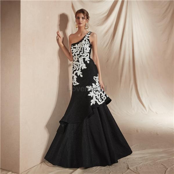 One Shoulder Ruffle Black Mermaid Evening Prom Dresses, Evening Party Prom Dresses, 12075